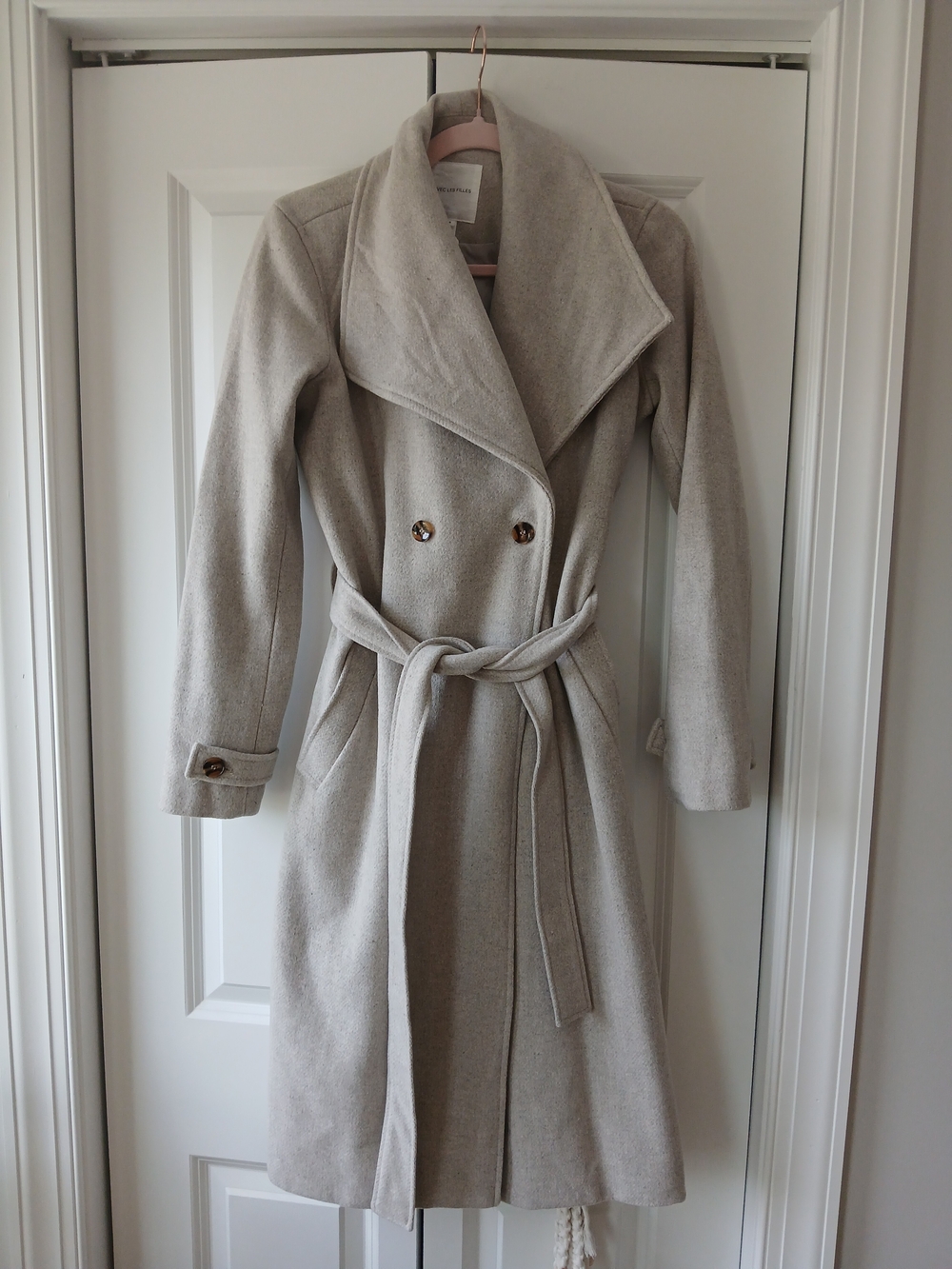 Avec Les Filles Belted Double Breasted Shawl Collar Long Coat Oatmeal Small